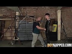 Wrapped up sub twink gets a messy jerkoff from old perv