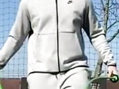 Guy skipping with huge bulge bouncing in trackies