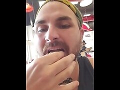 Cute guy swallows salty nut in public