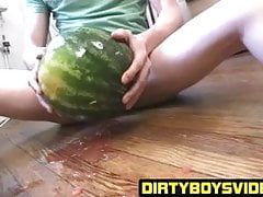 Young twinkie fucks a watermelon after tasting it first
