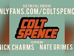 'Colt Spence gets his big dick and feet serviced by Nick Charms and Nate Grimes'