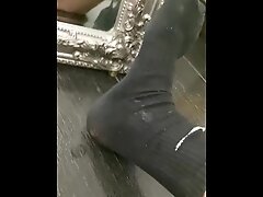 A teen guy in black socks Nike cummed a lot