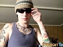 Skinny tattooed hetero thug plays with his unshaved meatpipe