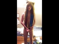 Teen furry cums hard in his bedroom wearing just spirithood