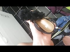 Eating a friend's sexy shoes in the bathroom